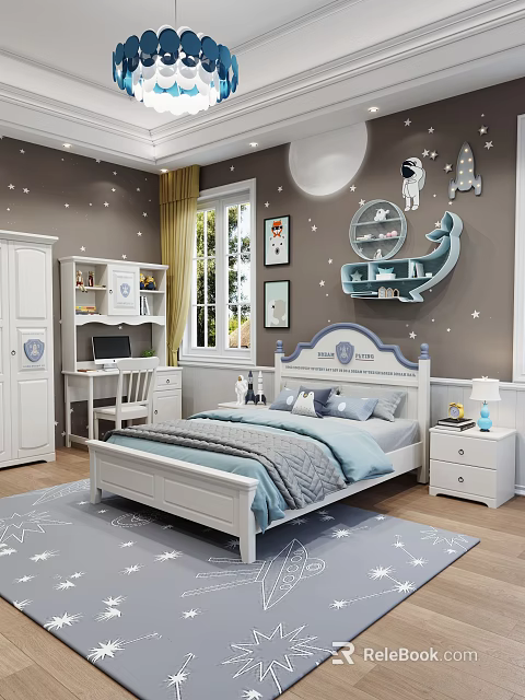 Starry Themed White Children's Bed With Blue Accents Desk Wardrobe Whale Shelf And Astronaut Decor 3d model 