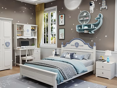 Starry Themed White Children's Bed With Blue Accents Desk Wardrobe Whale Shelf And Astronaut Decor 3d model