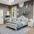 Starry Themed White Children's Bed With Blue Accents Desk Wardrobe Whale Shelf And Astronaut Decor
