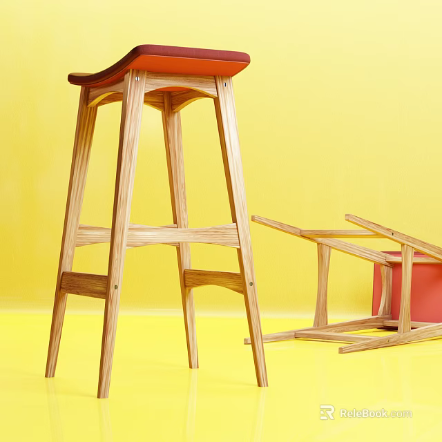 Modern Wooden Bar Stool With Red Seat And Solid Frame Against Yellow Background 3d model 