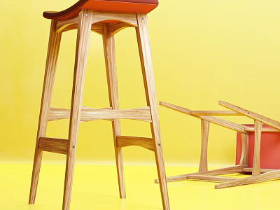 Modern Wooden Bar Stool With Red Seat And Solid Frame Against Yellow Background 3d model