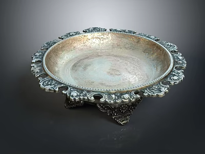 Elegant Silver Decorative Plate With Intricate Edge Patterns And Carved Stand Base 3d model