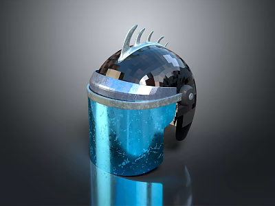 Modern Weapon Helmet with Metallic Blue Surface Spiked Crown and Tactical Design 3d model