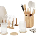 Essential Kitchenware Collection Featuring Plates Glasses Utensils Whisk Napkins And Wooden Holders