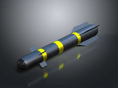 Detailed Missile Weapon with Black Body Yellow Stripes and Rear Fins in 3D Render 3d model