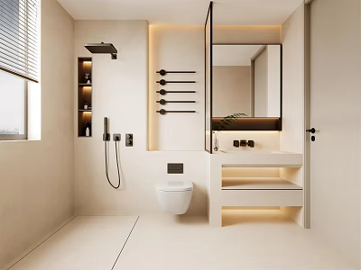 Modern Bathroom Interior Design With Light Beige Tones Shower Area Vanity Mirror And Recessed Lighting 3d model