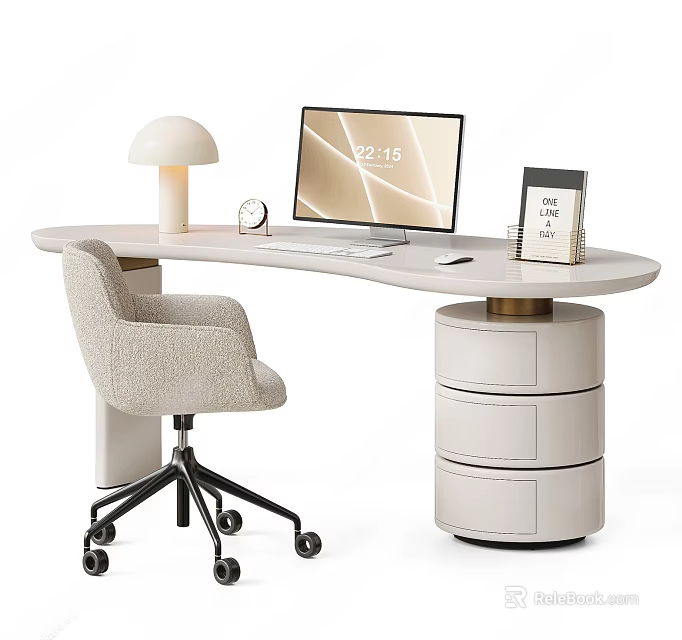Modern Light Colored Desk With Lamp Computer Monitor Alarm Clock Calendar And Chair 3d model 