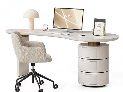 Modern Light Colored Desk With Lamp Computer Monitor Alarm Clock Calendar And Chair 3d model