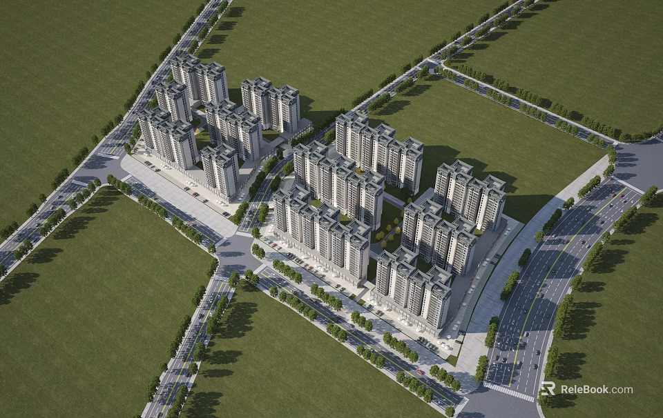 Aerial View Planning of Residential Complex with High Rise Buildings and Green Spaces 3d model 