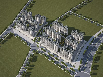 Aerial View Planning of Residential Complex with High Rise Buildings and Green Spaces 3d model