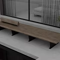 Modern Outdoor Wooden Bench With Black Metal Legs On Patio Near Glass Windows