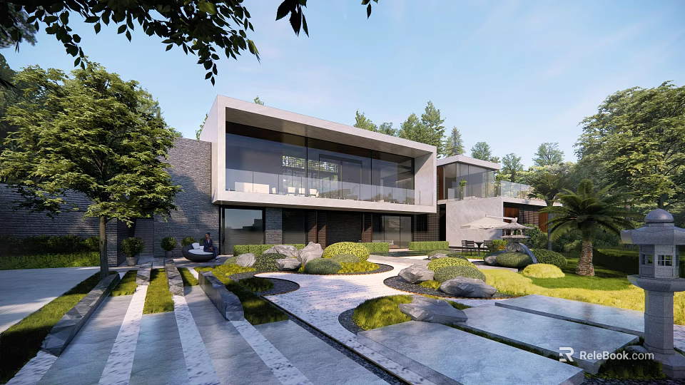 Modern Detached Villa With Garden Large Glass Windows And Courtyard Greenery Design 3d model 