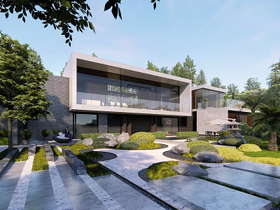 Modern Detached Villa With Garden Large Glass Windows And Courtyard Greenery Design 3d model