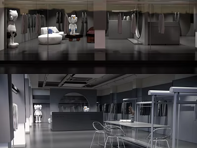 Modern Clothing Store Interior With Hanging Garments Mannequins And Seating Space 3d model