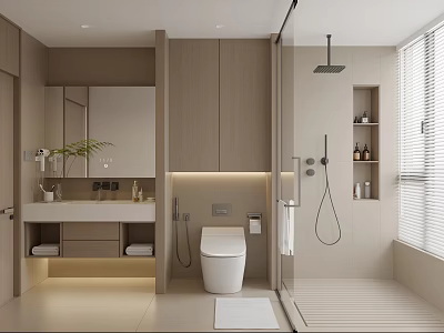 Modern Bathroom Interior Design With Light Wood Cabinets Vanity Mirror And Glass Shower Enclosure 3d model