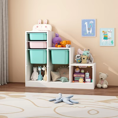White Toy Cabinet with Colorful Storage Bins and Stuffed Toys in Kids Room 3d model
