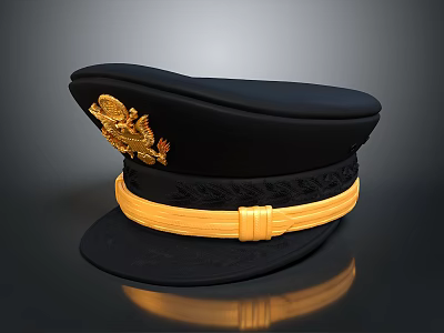 Classic Black Military Cap Featuring Golden Emblem And Yellow Decorative Band 3d model