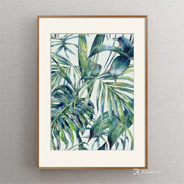 Framed Watercolor Plant Painting With Tropical Green Blue Leaves On Grey Wall 3d model 