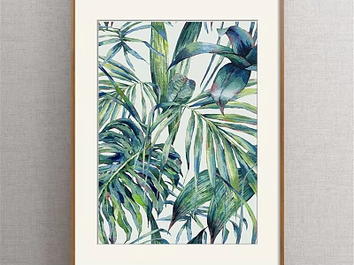 Framed Watercolor Plant Painting With Tropical Green Blue Leaves On Grey Wall 3d model