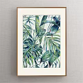 Framed Watercolor Plant Painting With Tropical Green Blue Leaves On Grey Wall