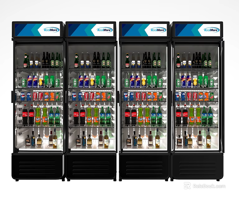 Four Commercial Beverage Refrigerators With Glass Doors And Assorted Bottled Drinks 3d model 