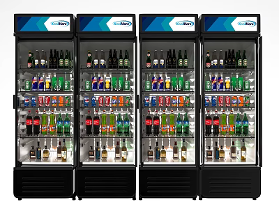 Four Commercial Beverage Refrigerators With Glass Doors And Assorted Bottled Drinks 3d model