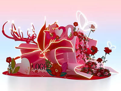 Pink Red Photo Check In Spot With Butterfly Wings Antler Hearts Flowers And Neon Lights 3d model