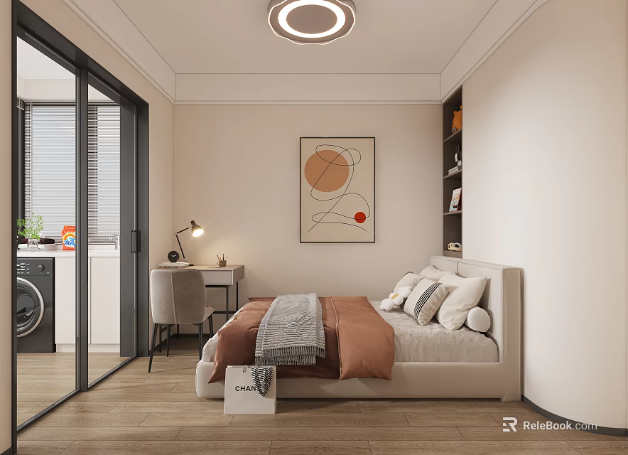 Modern Bedroom Interior With Bed Desk Chair Bookshelf Abstract Painting And Ceiling Light 3d model 