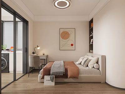 Modern Bedroom Interior With Bed Desk Chair Bookshelf Abstract Painting And Ceiling Light 3d model