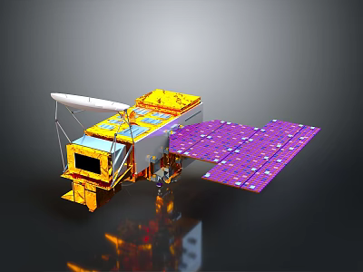 Detailed Satellite Model Featuring Yellow Body Purple Solar Panels And White Antenna 3d model