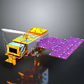 Detailed Satellite Model Featuring Yellow Body Purple Solar Panels And White Antenna
