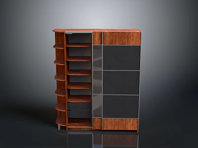 Modern Wooden Storage Cabinet With Black Panels And Multiple Shelves 3d model