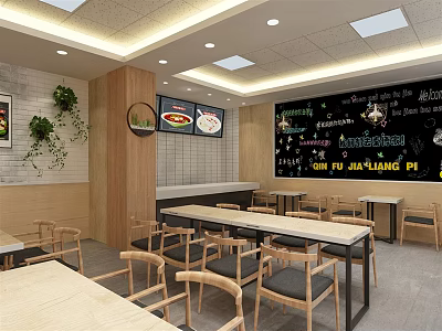 Modern Restaurant Interior With Wooden Tables Chairs Green Plants And Blackboard Menu 3d model