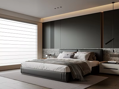 Modern Bedroom Interior With Dark Headboard Wall Window Blinds Nightstand And Rug 3d model