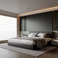 Modern Bedroom Interior With Dark Headboard Wall Window Blinds Nightstand And Rug