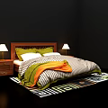 Double Bed with Wooden Headboard Green White Pillows Striped Blanket Orange Throw Nightstands Lamps Geometric Rug