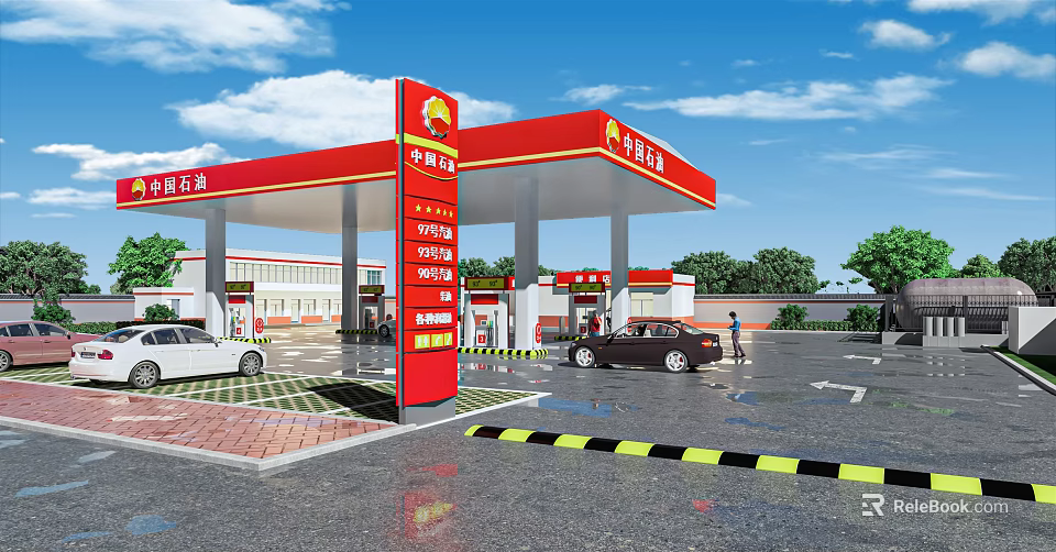 China Petroleum Gas Station Featuring Red Canopy Fuel Dispensers And Vehicles Refueling 3d model 