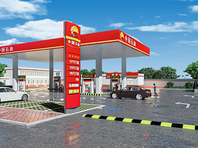 China Petroleum Gas Station Featuring Red Canopy Fuel Dispensers And Vehicles Refueling 3d model