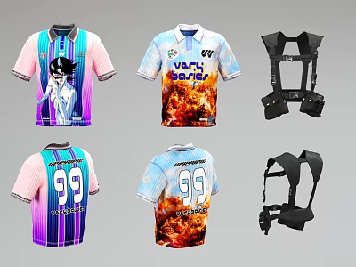 Colorful Sports Jerseys With Anime Prints Flame Patterns Number 99 And Black Straps 3d model