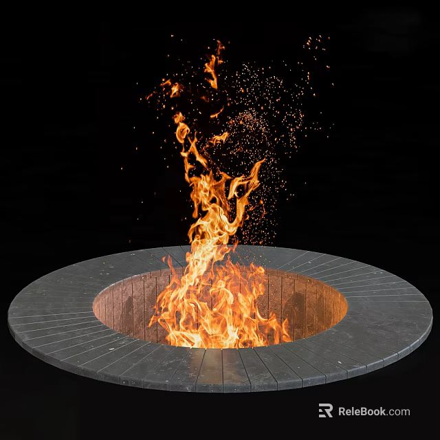 Round Stone Slab Fireplace With Bright Burning Flames In Black Background 3d model
