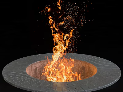 Round Stone Slab Fireplace With Bright Burning Flames In Black Background 3d model