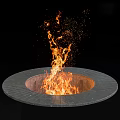 Round Stone Slab Fireplace With Bright Burning Flames In Black Background 3d model