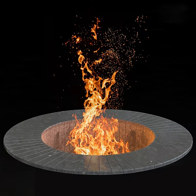 Round Stone Slab Fireplace With Bright Burning Flames In Black Background 3d model