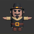 3D Cartoon Pilgrim Character With Black Hat Beard Yellow Belt Red Shoes And Outstretched Arms