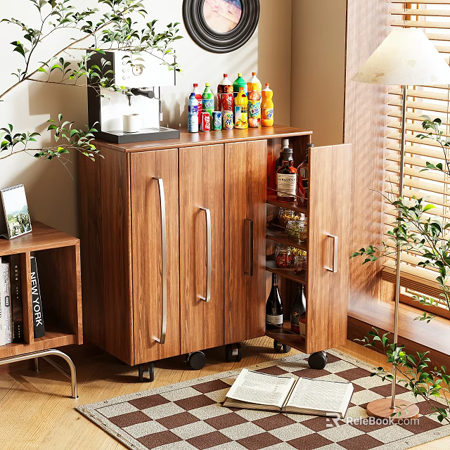 Wooden Sideboard With Storage For Drinks And Wine Bottles On Wheels In Home Dining Area 3d model 