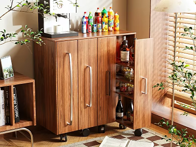Wooden Sideboard With Storage For Drinks And Wine Bottles On Wheels In Home Dining Area 3d model