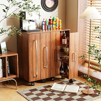 Wooden Sideboard With Storage For Drinks And Wine Bottles On Wheels In Home Dining Area 3d model