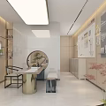 Modern Public Office Space Design With Wooden Walls Round Mirror And Green Plants