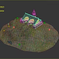 3D Island Model With Green Grass Pond And White Tower Building Scene