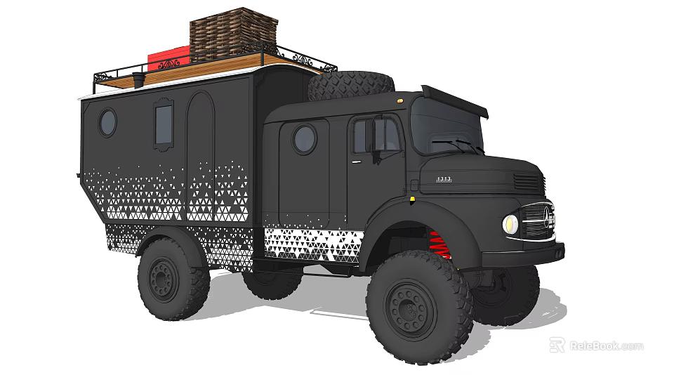 Black Camper Truck With Roof Rack Basket And Large Tires Patterned Body For Outdoor Adventures 3d model 